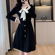 Lovely French Style Classic Bow Tie Dress High Quality Slim Waist Temperament Black Dress