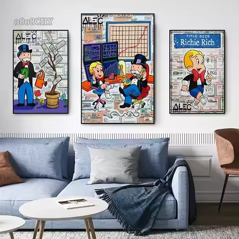 Alec Monopoly Art Poster and Monopoly Richie Dollar Bitcoin Motivational Prints Art Canvas Painting 