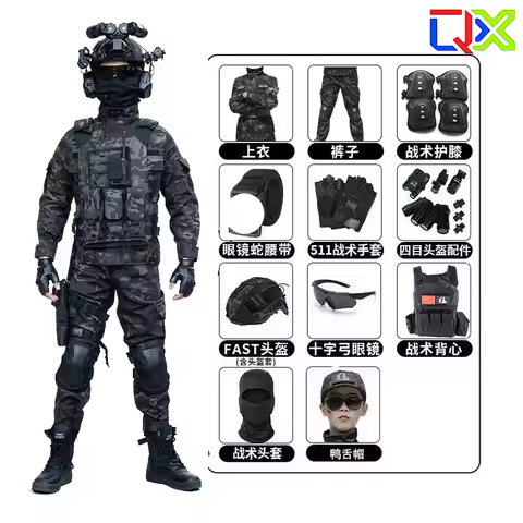 QX Kids Tactical Camo Suit Military Uniform Set Airsoft Training Outfit Outdoor Camping Costumes