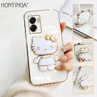 เคสโทรศัพท์ Hontinga สำหรับ OPPO A77 5G A76 A74 5G 4G A73 2020 A7พร้อม Hello Kitty Stand สีทึบแฟชั่นหรูหราชุบโครเมียมนิ่มเคสโทรศัพท์ TPU สี่เหลี่ยมคลุมทั้งหมดกล้องเคสกันกระแทกเคสยางสำหรับเด็กผู้หญิง