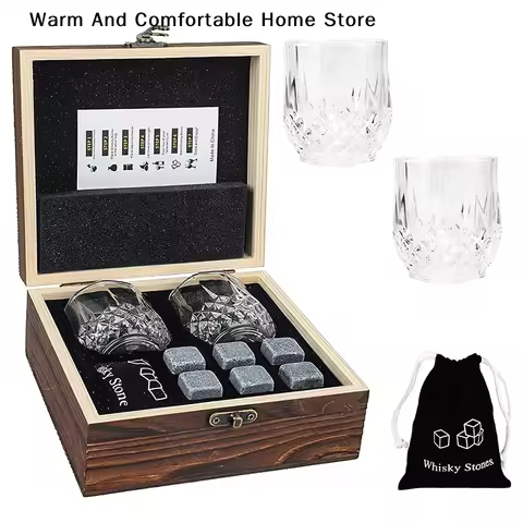 Whiskey Stones & Glasses Set, Granite Ice Cube For Whisky, Whisky Chilling Rocks In Wooden Box, Best
