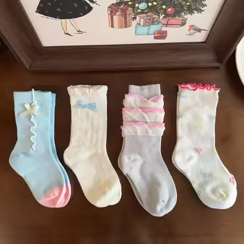 4 Pairs Trendy Cotton Kids Girls Ankle Socks Gossip Bow Ties Cute Sweet Soft Comfortable Non-slip So