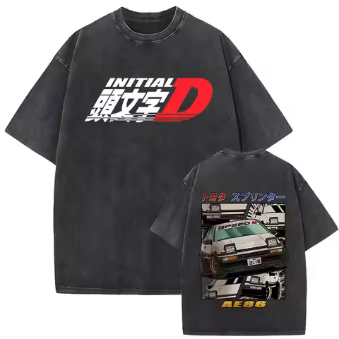 Washed Vintage Anime Initial D AE86 Fujiwara Takumi Graphic T-shirts Men's Manga Casual T-shirt Male