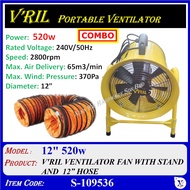 V'RIL 520W Portable Ventilator & Blower Fan 12 Inch VF12T C/W 5M HOSE / E020-456 FAN / S-109536 WITH