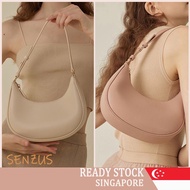 [SG SELLER] Women Half-moon PU Leather Fashion Shoulder Bag Vintage Solid Color Zipper Dumpling Unde