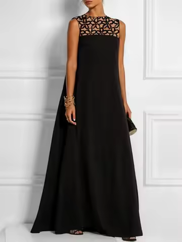 UOOZEE Female Vintage Hollow Solid Color Party Evening Dresses Summer Sleeveless Loose V Back Elegan