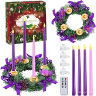 Fovths 12 Inch Christmas Advent Wreath Advent Candle Holder with 4 Flameless Taper Candles Remote Co