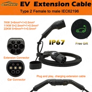 Type2 EV Extension Cable Female to Male Plug 7KW 11KW 22KW IEC62196 Extend for Wallmount EV Charger