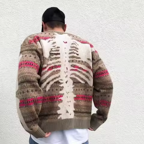 Kapital Vintage Bone Frame Crew Neck Ethnic-Inspired Knit Pullover Sweater