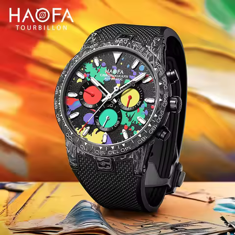 Haofa Chronograph Man Watch 2366 Automatic Mechanical Graffiti Panda Chronograph Carbon Fiber Case W