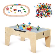 KRAND Kid's All-in-One Activity Play Table with 290 Building Bricks and 30-Piece Wooden Train Set Ra