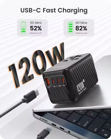 LENCENT 120W/100W/85W/65W GaN International Travel Adapter with USB-A+Type-C Fast Charging Adapter E