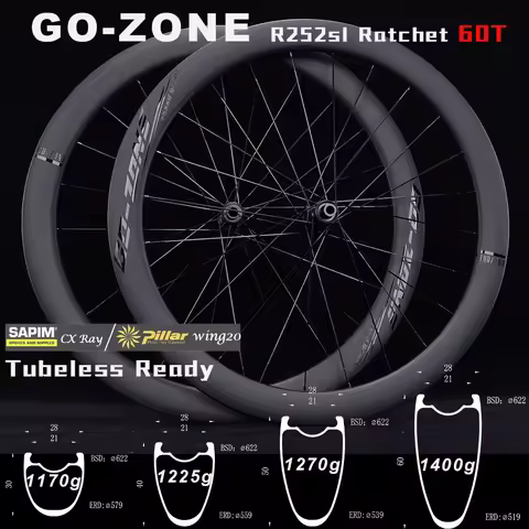 Super Light 1170g Sapim CX Ray / Pillar 700c Road Carbon Disc Brake Wheels R252sl 60T Ratchet Tubele