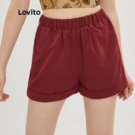 (Essential Item) Lovito Plain Casual Pocket Elastic Waist Roll Up Shorts for Woman