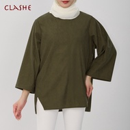Clashe Baju Kemeja Perempuan Style CORDUROY Loose-Fitting Wanita Party Elegant 3/4 Sleeve Crew Neck 