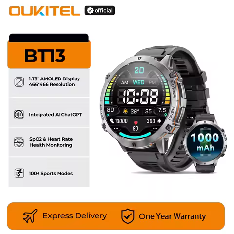 OUKITEL BT13 SmartWatch for Men 1.73" AMOLED 1000mAh, AI ChatGPT Bluetooth Calls Blood Oxygen Health