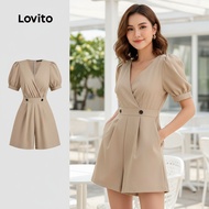 Lovito Jumpsuit Santai Kasual Musim Bunga/Panas Khaki dengan Lipatan & Butang untuk Wanita L142ED633