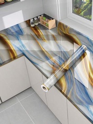 1 件淺藍色和金色紋理大理石圖案廚房防水防油貼紙,自黏抽屜、桌面、抽油煙機、防潮可重複使用膜、牆面裝飾紙