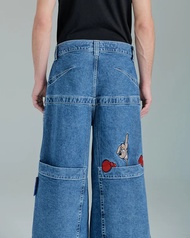 [ifgg] JNCO Jeans Hip Hop Embroidered Pattern Retro Blue Loose Oversized Jeans Men Women Harajuku Hi