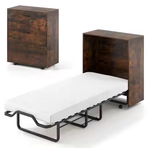 Murphy Bed Cabinet with Mattress Included, 74 x 31 Cot Size Fold Out Bed with Storage amp Lockable W