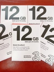 3UK 英國&歐洲 12GB  365日 年卡 數據卡