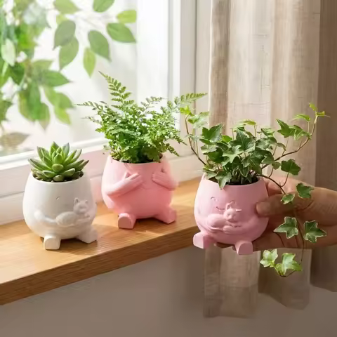 3D Printed Hugging Cat Succulent Planter Pot Happy Expression Cartoon Face Succulent Planter Plastic