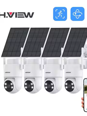 H.VIEW 4pcs PIR Battery Powered Camera Wireless Outdoor,2K 3MP PTZ WiFi Camera with Solar Panel, 2-W