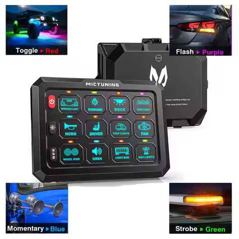 MICTUNING P1C RGB 12 Gang Switch Panel Toggle Momentary Flash Strobe Circuit Control Relay System Bo