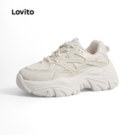 Lovito Sporty Sneakers Plain Milk Tea Color Style Blow Up The Street Trend Dad Shoes Sneaker for Wom
