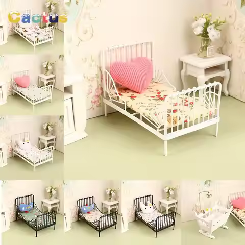 1 Set 1:12 Dollhouse Miniature Iron European Bed Cradle Bed with Mattress Cushion Furniture Bedroom