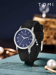 Tomi乾電池小型精緻復古扣紋紋理日曆皮革錶帶女士手錶,適用於日常生活