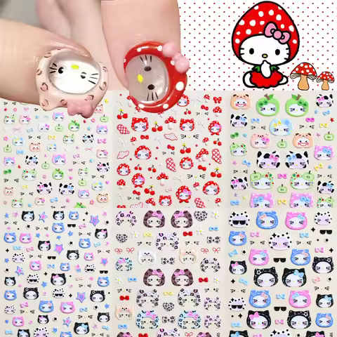 6pcs Mushroom Hat Hello Kitty Nail Stickers Cartoon Apple/leopard Print/denim Hello Kitty Face Nail 