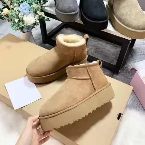 2026 New Classic Ultra Mini Platform Boots Leather Suede Wool Comfort Winter Womens Fur Slippers K98