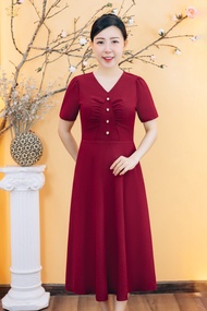 Đầm xòe trung niên cho mẹ - Cổ tim kết nút tay ngắn - Đỏ đô - TTV Store thời trang nữ TTV1899