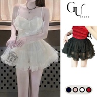 GU STORE Korean lady-style short flared mesh skirt with elastic waistband and lining