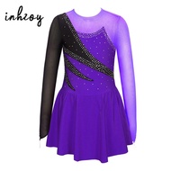 Figure Ice Skating Dress Kids Girls Long Sleeve Rhinestone Ballet Tutu Dance Dresses Gymnastics Leot