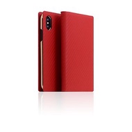 SLG Design iPhone Xs / X D+ ICL 碳纖紋 頂級真皮側掀皮套 - 紅