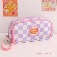 MATOUGUI - Kartun Beruang Pensil Sleting Korea Aesthetic Lucu Import / Pencil case/Premium/Plaid / Z