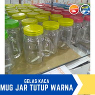 Gelas Kaca Cafe Tebal 350ml Tutup Plastik Warna Warni Aesthetic Motif Bening Polos / Glass Mug Drink