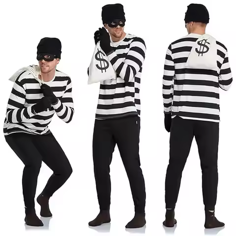Convict Thief Cosplay Costume Women Stripe Top Stocking Knitted Hat Gloves Canvas Bag Eye Mask Priso