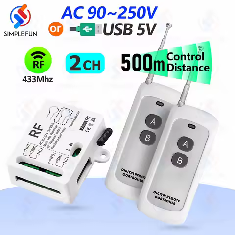 433MHz Wireless Remote Control Light Switch 2 CH,AC 110V 220V RF Relay,500m Control Distance,for Lam