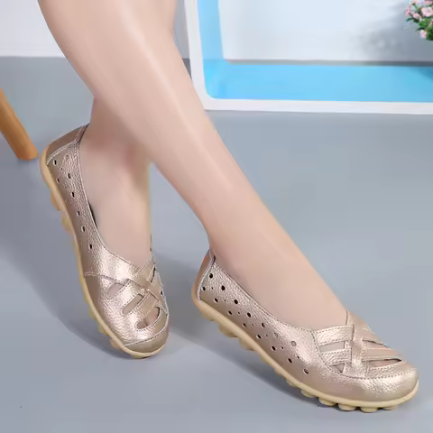 Summer Women Flat Shoes Casual Shoes Leather Slip-on Lofers Ladies Non-slip Cut Out Breathable Women