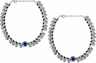 Indian Ethnic Evil Eye Traditional Fashion Bollywood Ethnic Silver Oxidized Plated Ghungroo Payal Anklet for Girls Women, Metal, Pearl