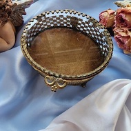 美國西洋古董飾品 / 溜金橢圓雕花鑲嵌玻璃珠寶盒/復古珠寶首飾