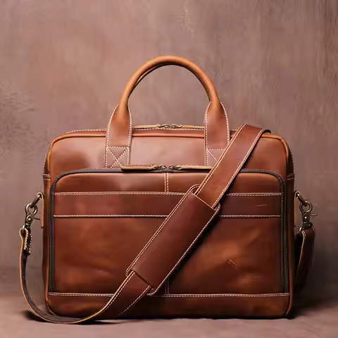 LEATHFOCUS Men's Genuine Leather Briefcases Man Vintage Messenger Bag 15.6 Inches Laptop Handbag Bus