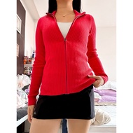 Red knit zip up sweater