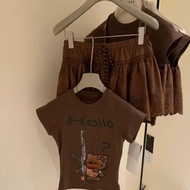 Shirt and skirt set, lady's skirt set, printed zip top set with embossed floral lace skirt K87