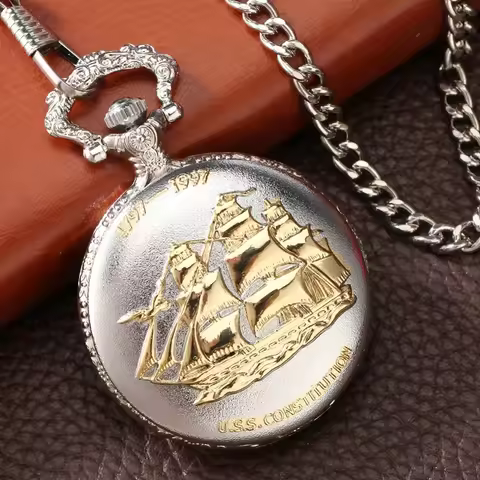 Sail Frigate Quartz Golden Sailboat Vintage Pocket Watch On Chain Roman Numerals Dial Pocket Watch O