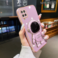 MHKEID Casing Ponsel untuk Samsung A12 5G M12 F12 A11 M11 Case lucu kartun astronot dudukan ponsel Casing Plating HP ponsel lipat kamera pelindung Kesing anti guncangan Softcase