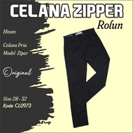 Celana Panjang Pria Original Rolun Karet Zipper Hitam